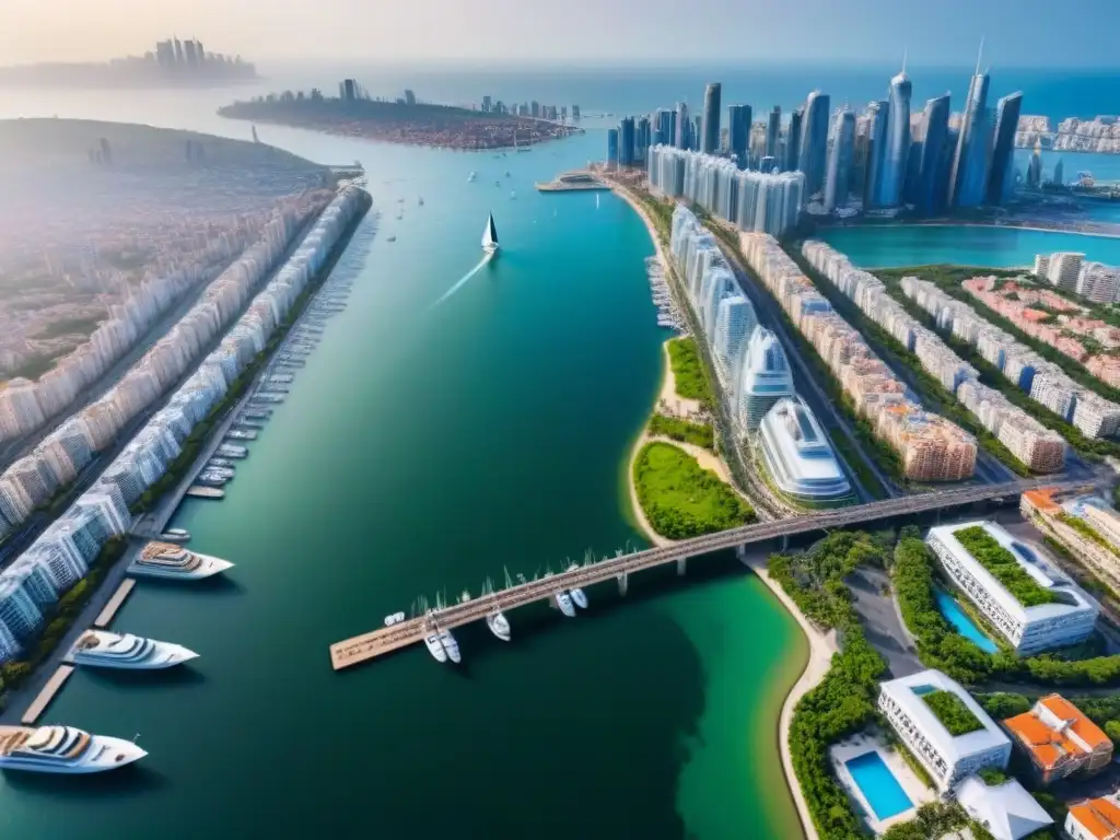 Metrópolis vibrante: mezcla de rascacielos, historia y naturaleza junto al mar Una vista aérea detallada de una ciudad internacional bulliciosa con rascacielos modernos, edificios históricos y espacios verdes
