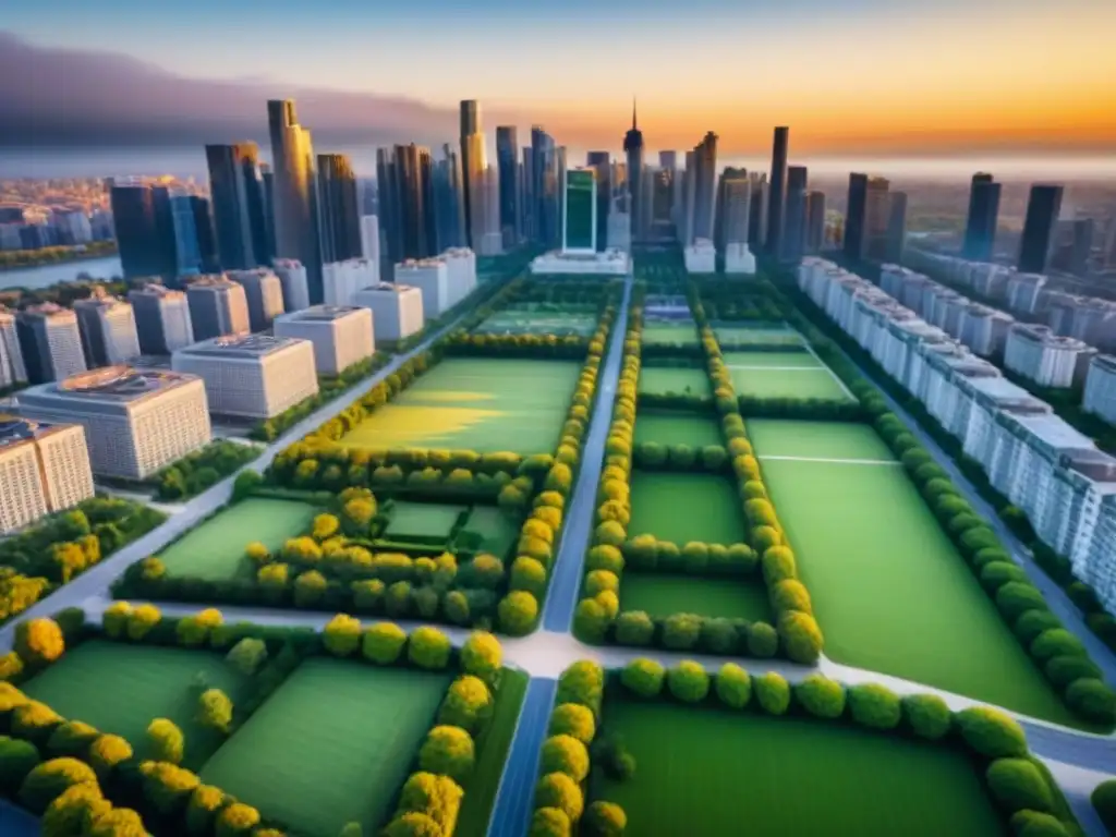 Vibrante comunidad urbana al atardecer Vista aérea detallada de una ciudad bulliciosa con rascacielos residenciales rodeados de parques verdes y senderos