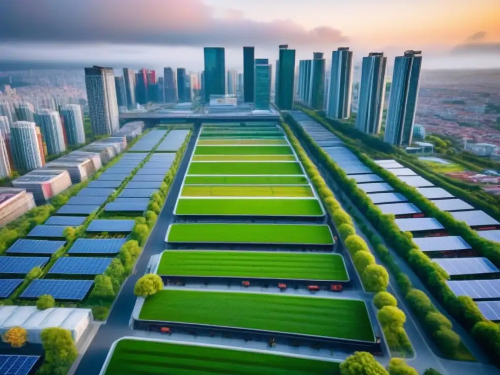 Cityscape sostenible: futuro urbano ecoamigable Vista aérea detallada de una ciudad sostenible con techos verdes, paneles solares, transporte público eficiente, parques urbanos y edificios altos