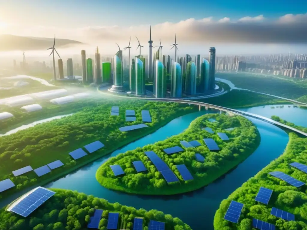 Metrópolis eco-sostenible: armonía entre naturaleza y tecnología Vista aérea detallada de ciudad futurista con edificios verdes, paneles solares y turbinas eólicas