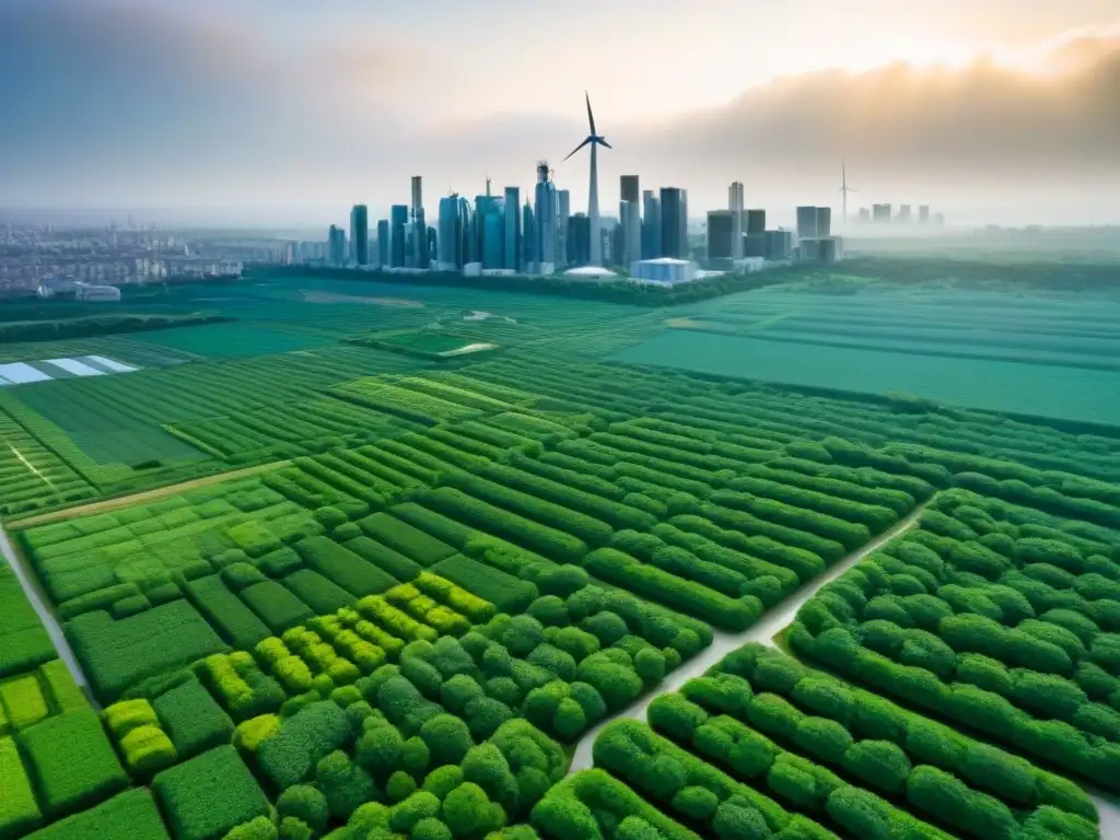 Cityscape verde: arquitectura sostenible y energía renovable Vista aérea detallada de ciudad verde con arquitectura sostenible, jardines en azoteas y paneles solares