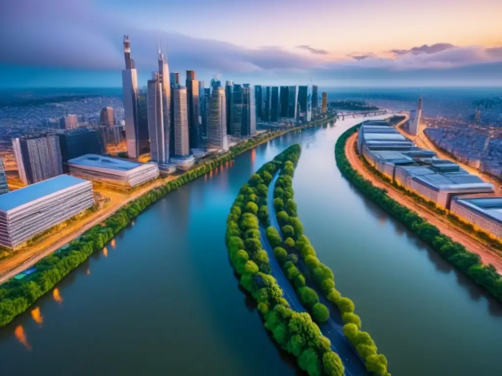 Vibrante ciudad al atardecer: modernidad y naturaleza en armonía Vista aérea detallada de una ciudad bulliciosa al anochecer con rascacielos modernos, espacios verdes y luces urbanas reflejadas en un río sereno