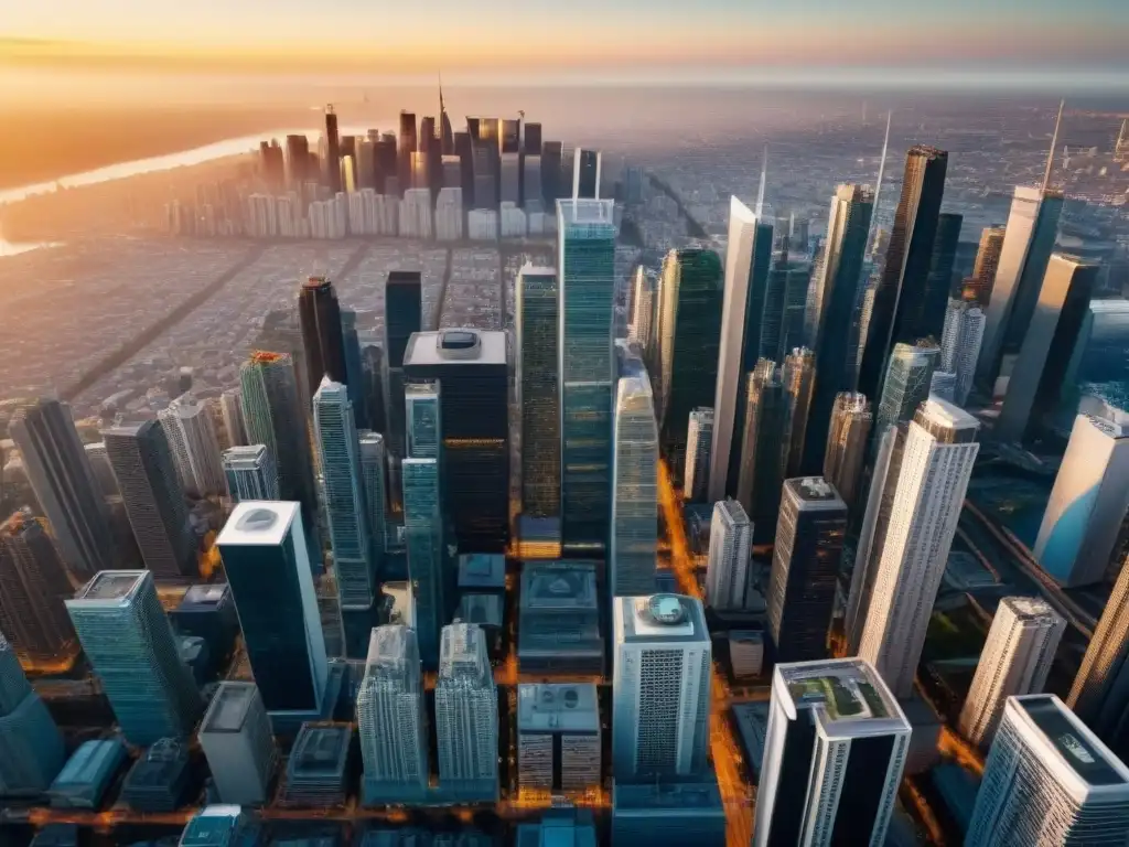 Metrópolis global: inversión inmobiliaria internacional al atardecer Vista aérea detallada de una ciudad moderna al atardecer, ideal para invertir en bienes raíces en las mejores ciudades