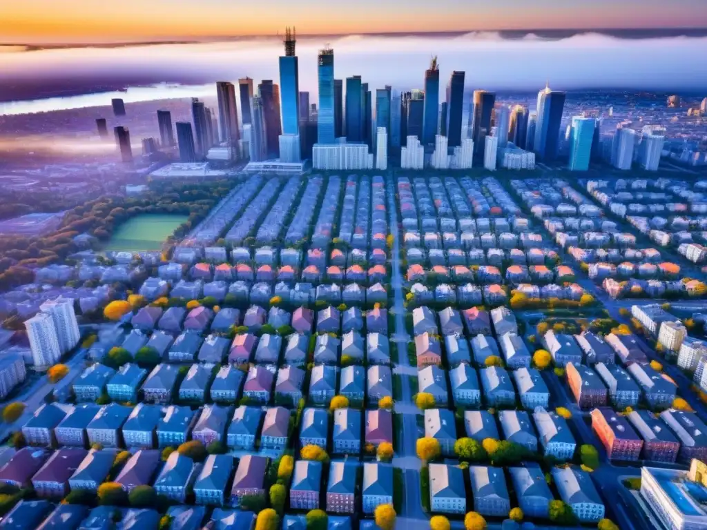 Metrópolis dinámica: luces y sombras en la ciudad Vista aérea detallada de una ciudad moderna y vibrante, reflejando oportunidades en mercado viviendas asequibles