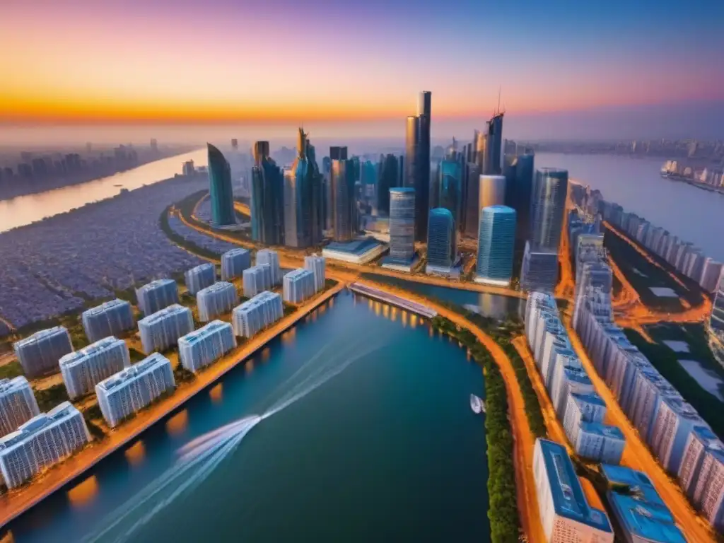 Metrópolis vibrante al atardecer: arquitectura moderna en 8k Vista aérea detallada de una ciudad al atardecer, con rascacielos modernos iluminados por el sol