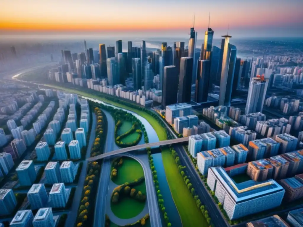 Vibrante mercado inmobiliario: ciudad moderna al atardecer Vista aérea detallada de una ciudad moderna con rascacielos, reflejando un mercado inmobiliario vibrante en países con sistemas jurídicos sólidos