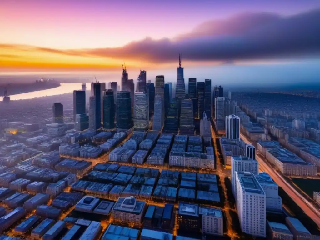 Paisaje urbano al atardecer: inversión inmobiliaria exitosa Vista aérea detallada de una ciudad al atardecer con rascacielos proyectando sombras largas y luces de la ciudad encendiéndose