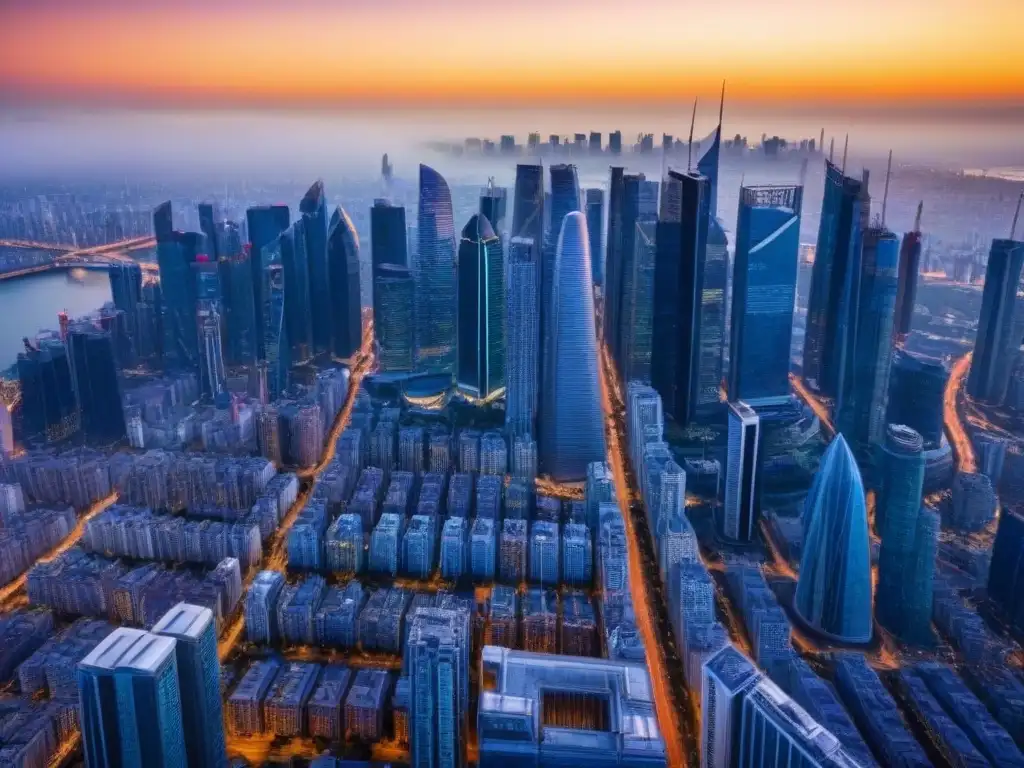 Metrópolis global: atardecer en un vibrante y diverso mercado inmobiliario Vista aérea detallada de una ciudad bulliciosa con rascacielos representando la inversión global en el mercado inmobiliario internacional