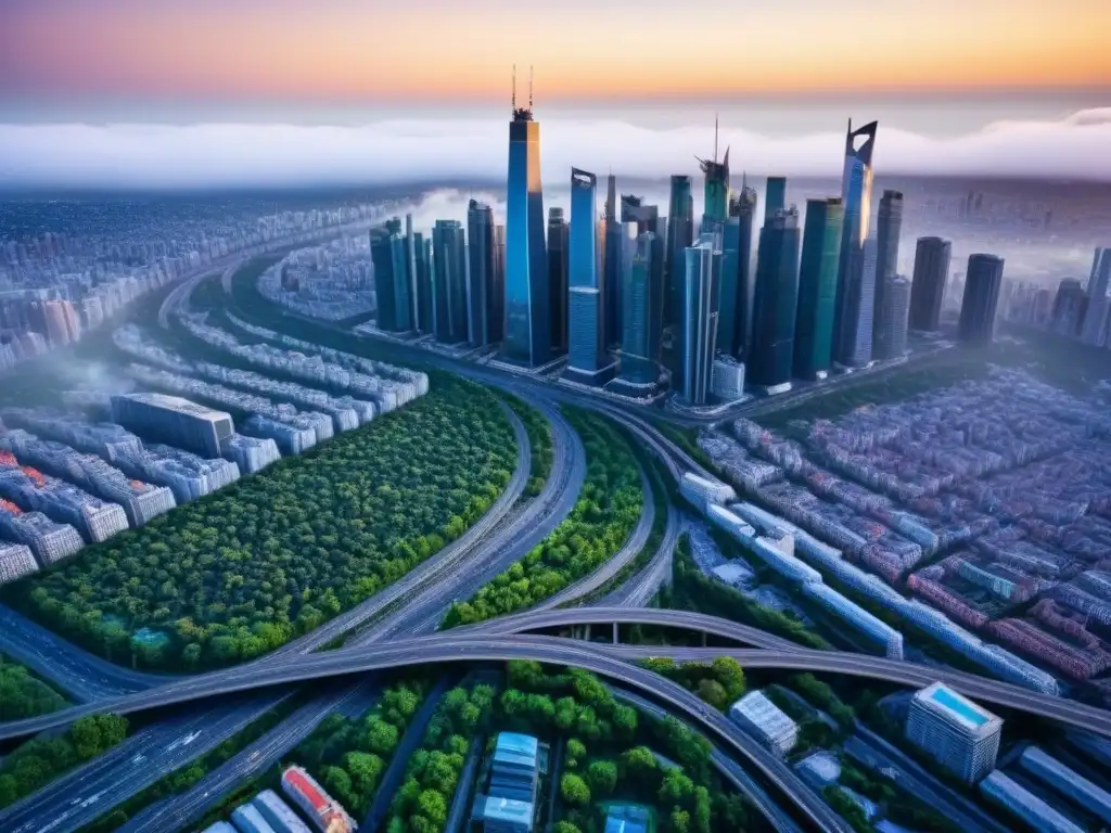 Metrópolis vibrante: mercado inmobiliario internacional Vista aérea detallada de una ciudad bulliciosa con rascacielos, reflejando la dinámica del mercado inmobiliario internacional y el proceso de due diligence