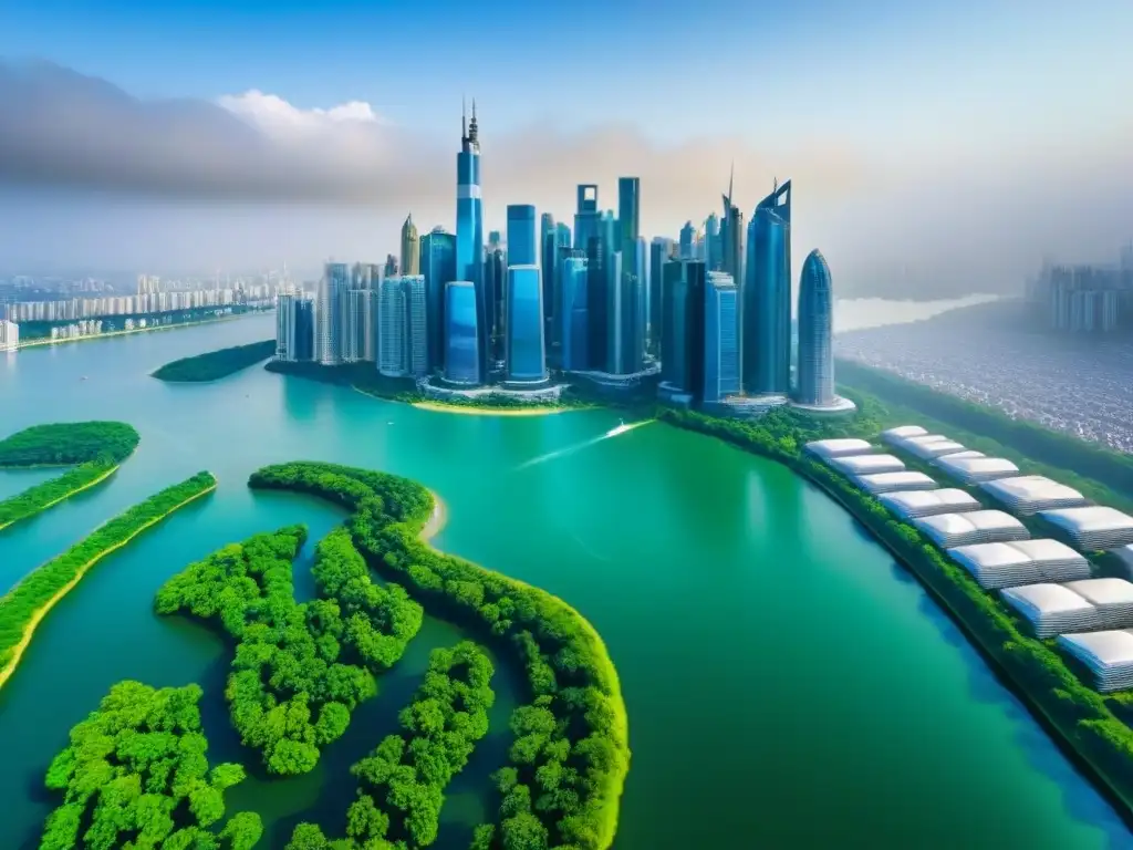 Panorámica urbana: rascacielos, parques y waterfronts Vista aérea detallada de la ciudad: rascacielos, parques verdes y muelles vibrantes, atrayendo a inversionistas globales en mercado inmobiliario
