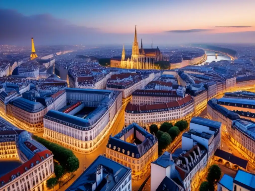 Escena urbana europea: historia y modernidad en armonía Vista aérea detallada de una ciudad europea, mezcla de arquitectura histórica y rascacielos modernos