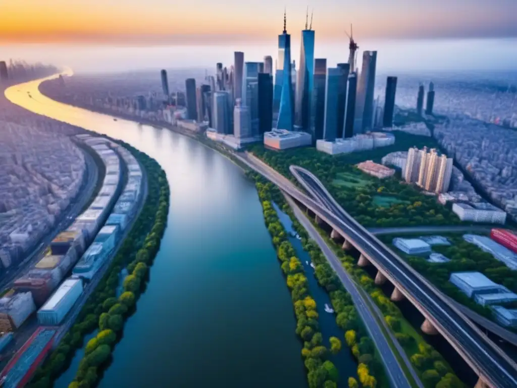 Metrópolis moderna al atardecer: rascacielos, río y vida urbana vibrante 'Vista aérea detallada de una ciudad metropolitana con rascacielos modernos, reflejo de vida urbana y conectividad global