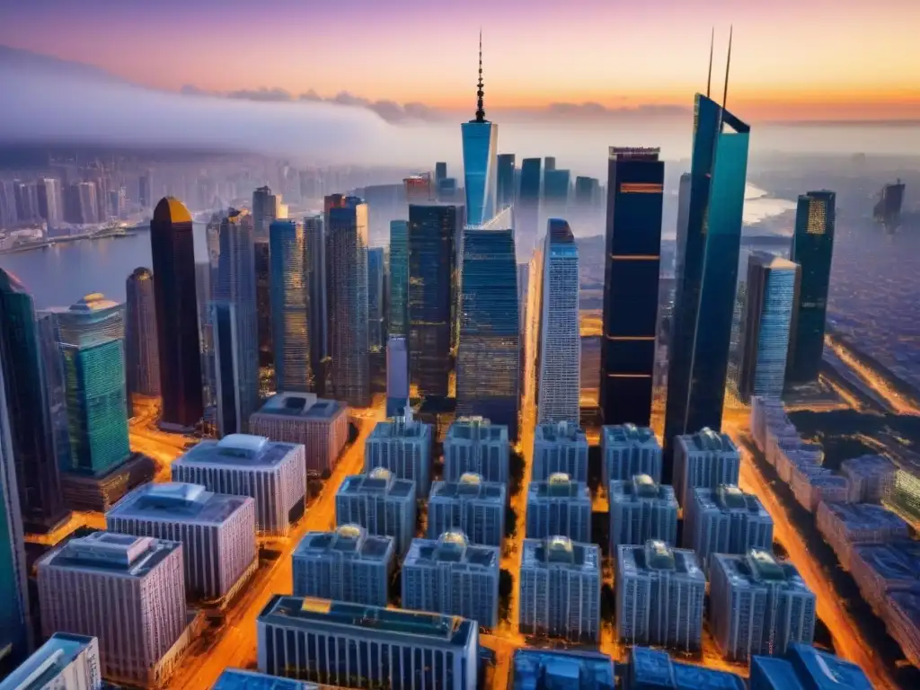 Vibrante ciudad al atardecer: inversión inmobiliaria global Vista aérea detallada de ciudad al atardecer, con rascacielos iluminados por el sol