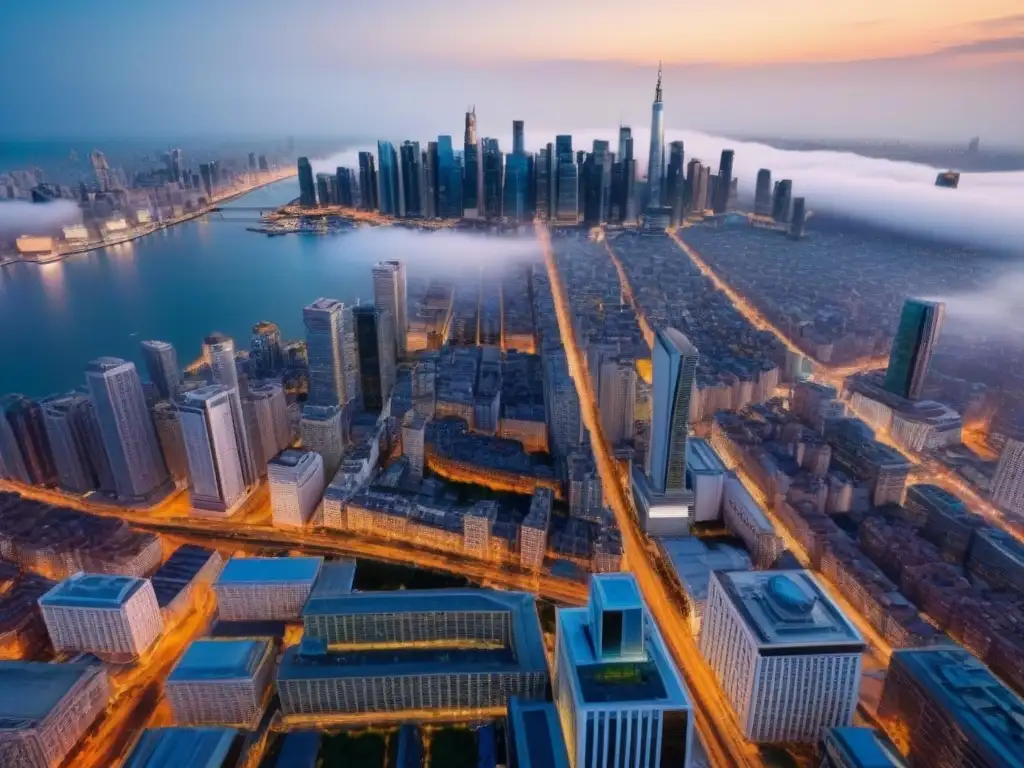 Metrópolis global: real estate y due diligence internacional Vista aérea detallada de una ciudad bulliciosa con rascacielos y diversa arquitectura, simbolizando la Due Diligence inmobiliaria internacional