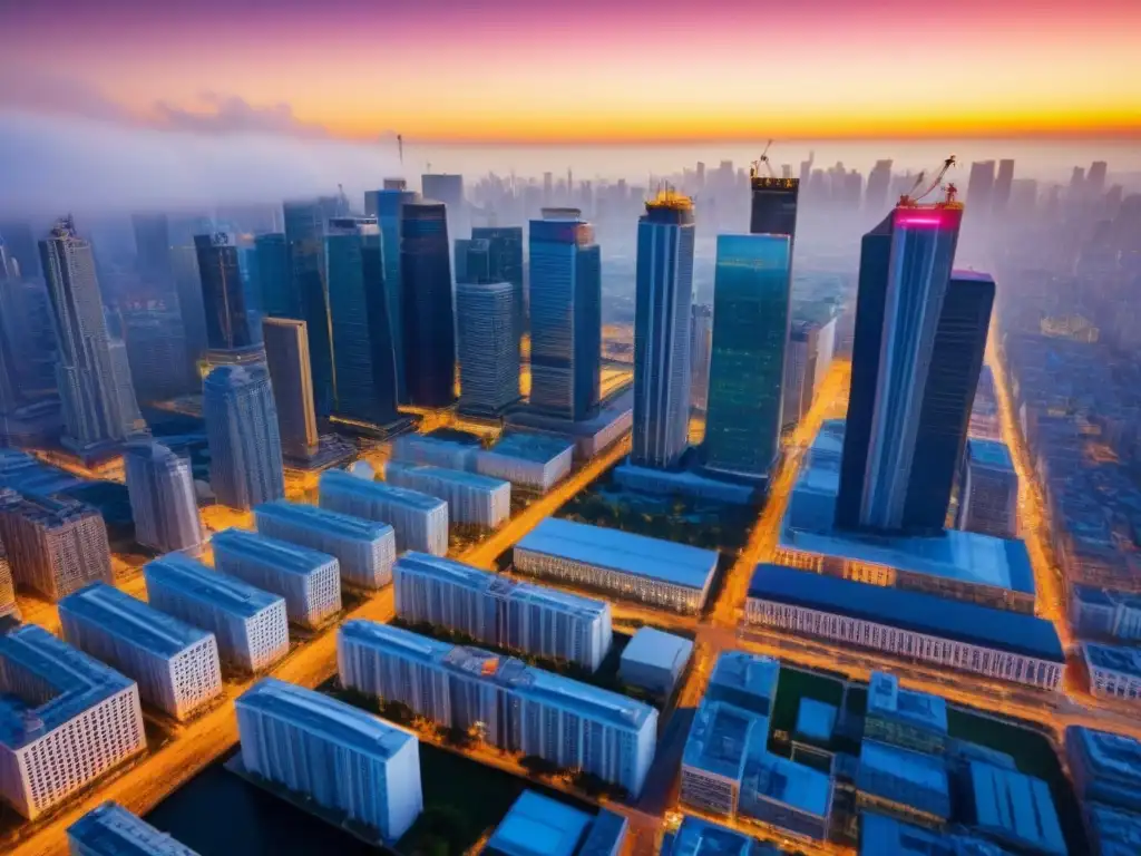 Metrópolis vibrante: ciudad en crecimiento con historia y modernidad Vista aérea detallada de una ciudad vibrante en transición, con rascacielos modernos y edificios históricos