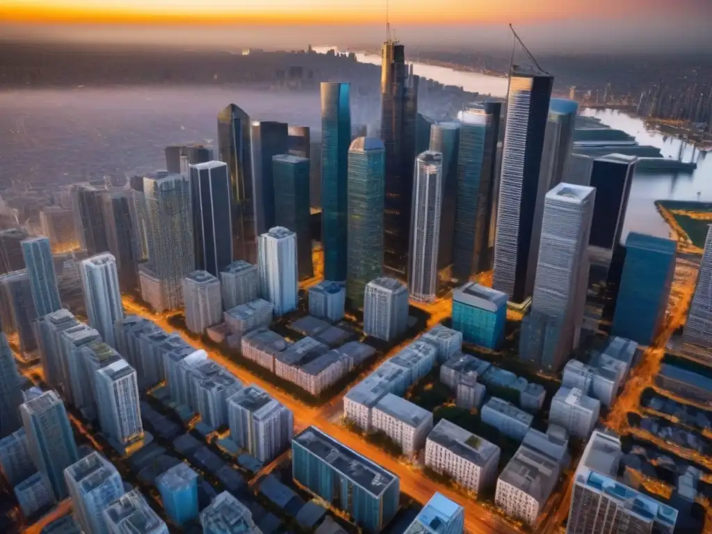 Metropolis fusionada: impacto de las fusiones inmobiliarias locales Vista aérea detallada de una ciudad bulliciosa con rascacielos y edificios residenciales fusionados, iluminados por el sol poniente