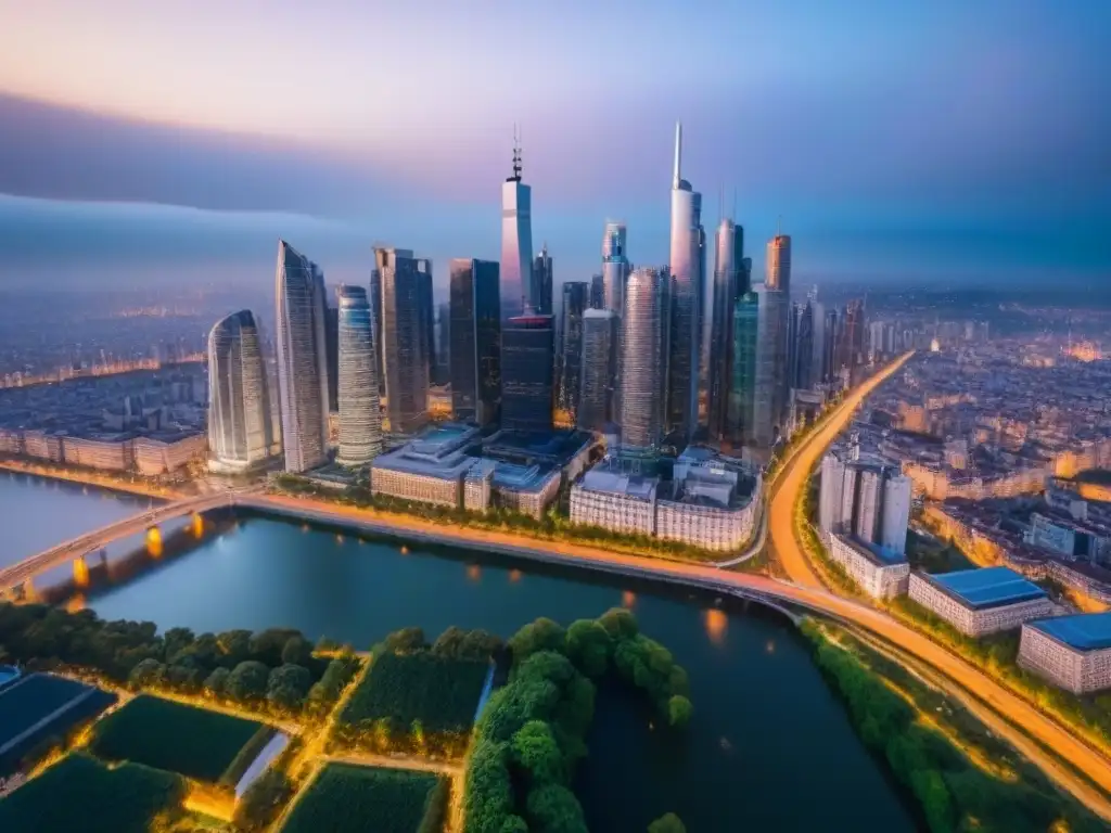 Metrópolis moderna: luces y oportunidades en el mercado global Vista aérea detallada de una ciudad atardeciendo, con rascacielos iluminados y parques urbanos, reflejando la estrategia inmobiliaria