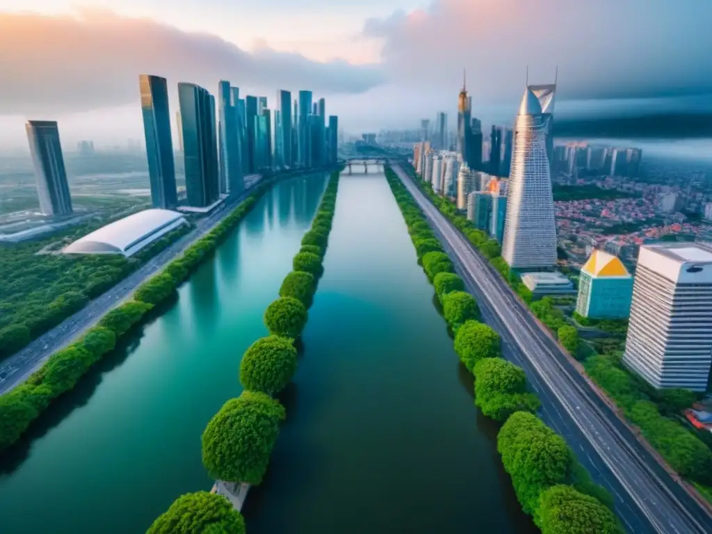 Metrópolis vibrante: ciudad moderna con rascacielos y vida urbana Vista aérea detallada de una ciudad vibrante con rascacielos y arquitectura moderna