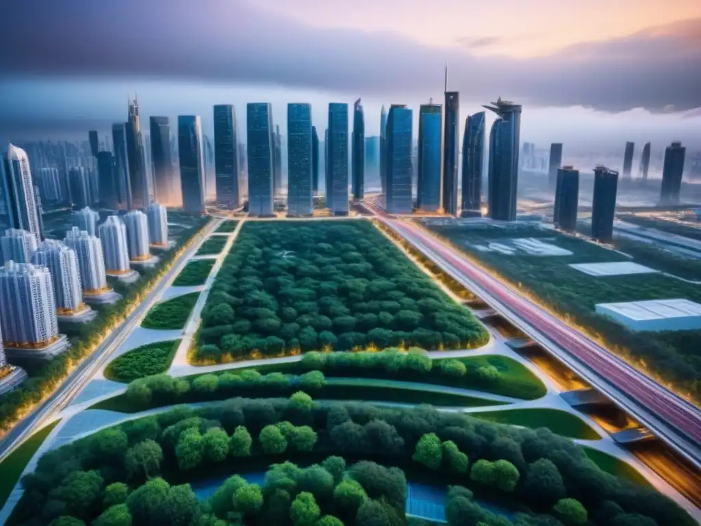 Metrópolis futurista: arquitectura vanguardista en ciudad ultramoderna Vista aérea detallada de una ciudad futurista con rascacielos modernos, áreas verdes y sistemas de transporte eficientes
