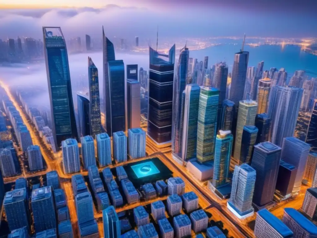 Metrópolis futurista: FinTech revoluciona transacciones inmobiliarias Vista aérea detallada de ciudad futurista con rascacielos, integrando plataformas FinTech en mercado inmobiliario