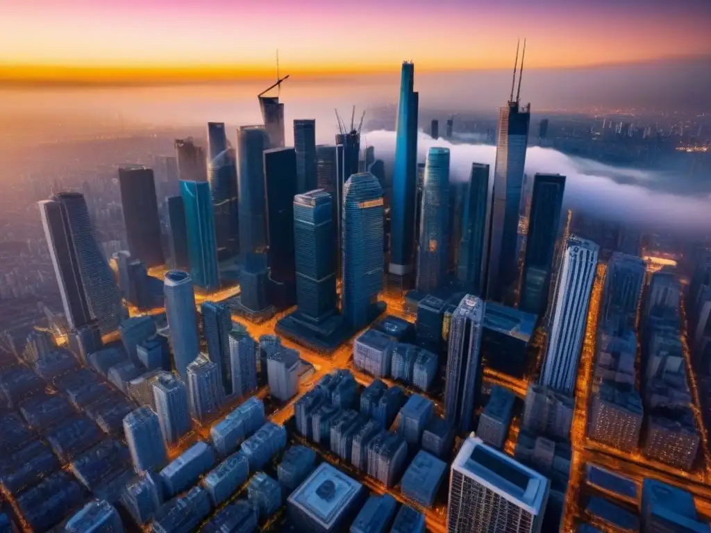 Panorámica detallada de ciudad dinámica al atardecer Vista aérea detallada de una ciudad vibrante al atardecer, con rascacielos y calles concurridas
