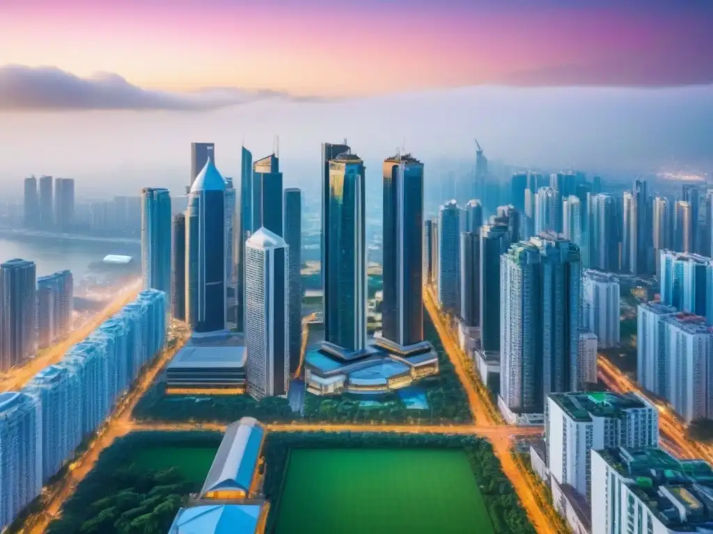 Vista aérea detallada de ciudad emergente: modernidad y tradición Vista aérea detallada de una ciudad emergente con modernos rascacielos, calles llenas de energía y contrastes arquitectónicos