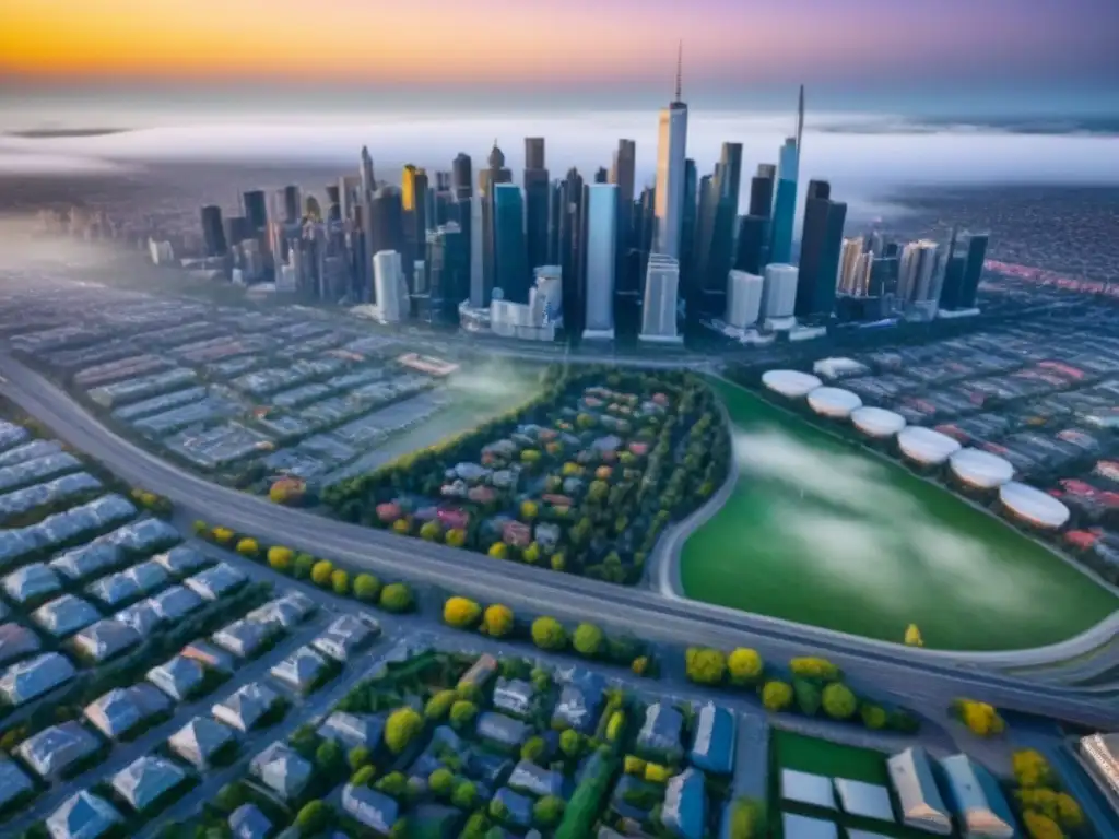 Vista aérea detallada de ciudad moderna fusionada: arquitectura innovadora y paisaje urbano vibrante posfusión inmobiliaria Vista aérea detallada de una ciudad moderna con fusión de bienes raíces residenciales y comerciales, destacando estrategias postfusión bienes raíces