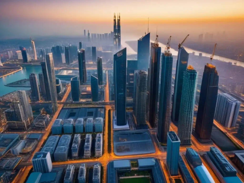 Vista aérea detallada de ciudad con rascacielos y construcción Vista aérea detallada de una ciudad bulliciosa con rascacielos y construcciones, reflejando la dinámica de la Due Diligence inmobiliaria internacional