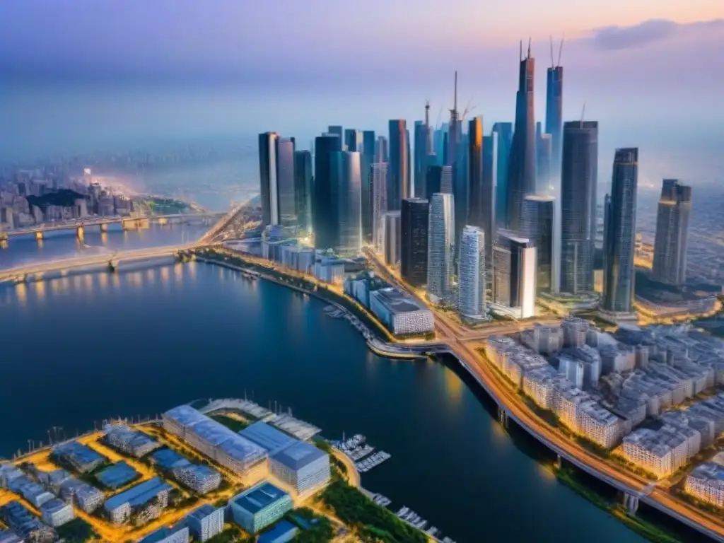 Vista aérea impresionante de una ciudad moderna en crecimiento Vista aérea detallada de una ciudad moderna con rascacielos, calles y compleja red urbana