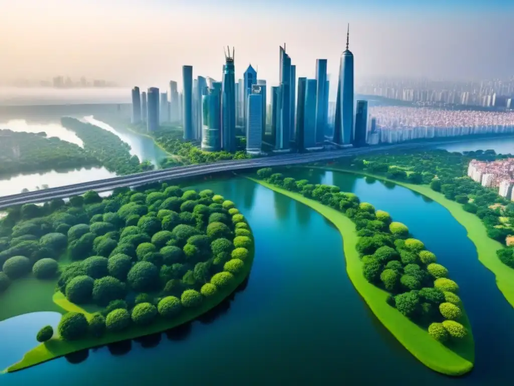 Metrópolis verde: armonía entre ciudad y naturaleza Vista aérea detallada de ciudad con rascacielos, parques verdes y agua brillante