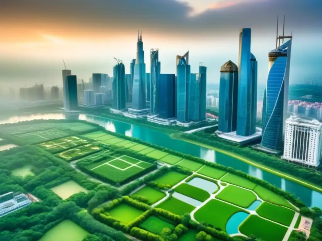 Desarrollo inmobiliario en ciudad moderna en crecimiento Vista aérea detallada de una ciudad bulliciosa con rascacielos, resaltando un proyecto inmobiliario moderno rodeado de espacios verdes y agua
