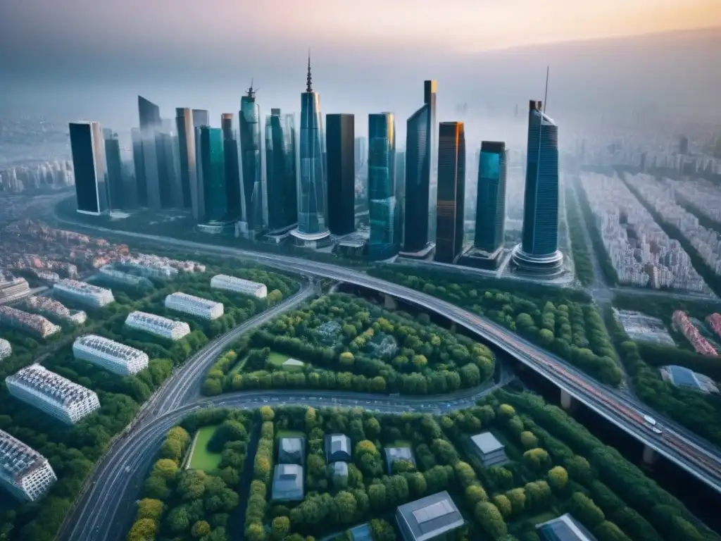 Paisaje urbano postcrisis: arquitectura moderna y naturaleza en armonía Vista aérea detallada de ciudad poscrisis, reflejando tendencias mercado inmobiliario