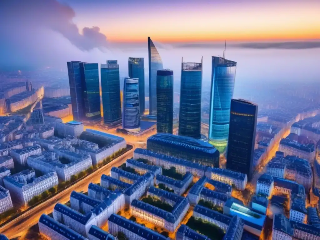Skyline europeo: evolución del mercado inmobiliario global Vista aérea detallada de ciudad europea, mezcla de arquitectura moderna y antigua, reflejando tendencias mercado inmobiliario global