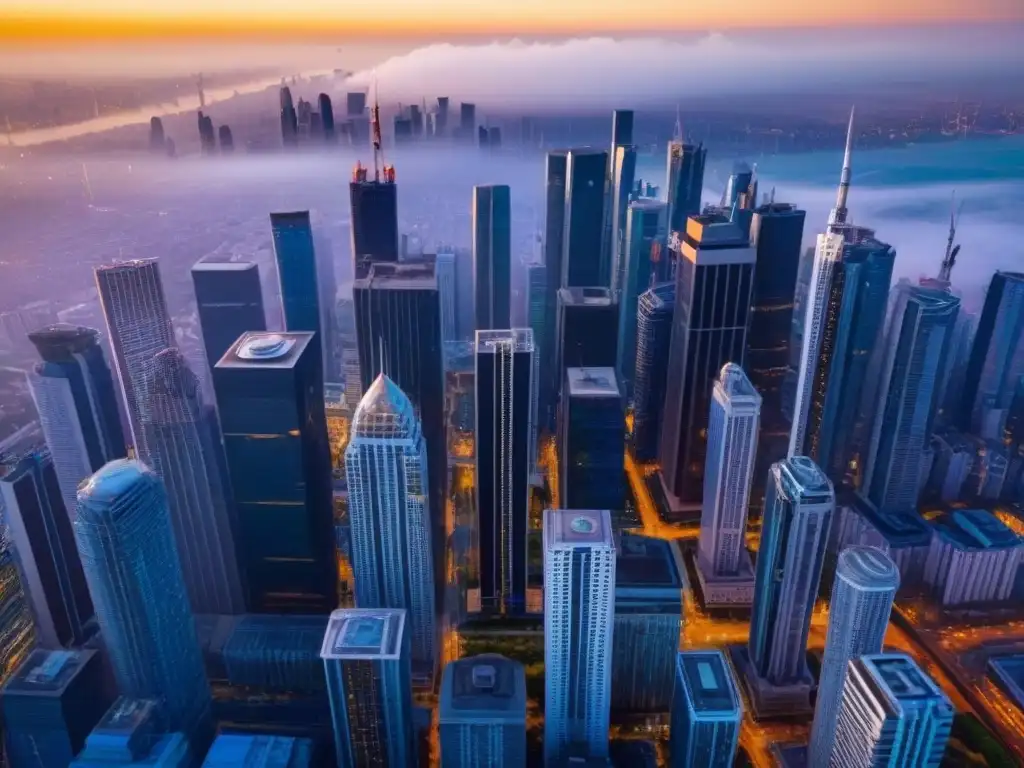 Metrópolis global: oportunidades en el mercado inmobiliario internacional Vista aérea detallada de una ciudad moderna con rascacielos, representando mercados inmobiliarios internacionales