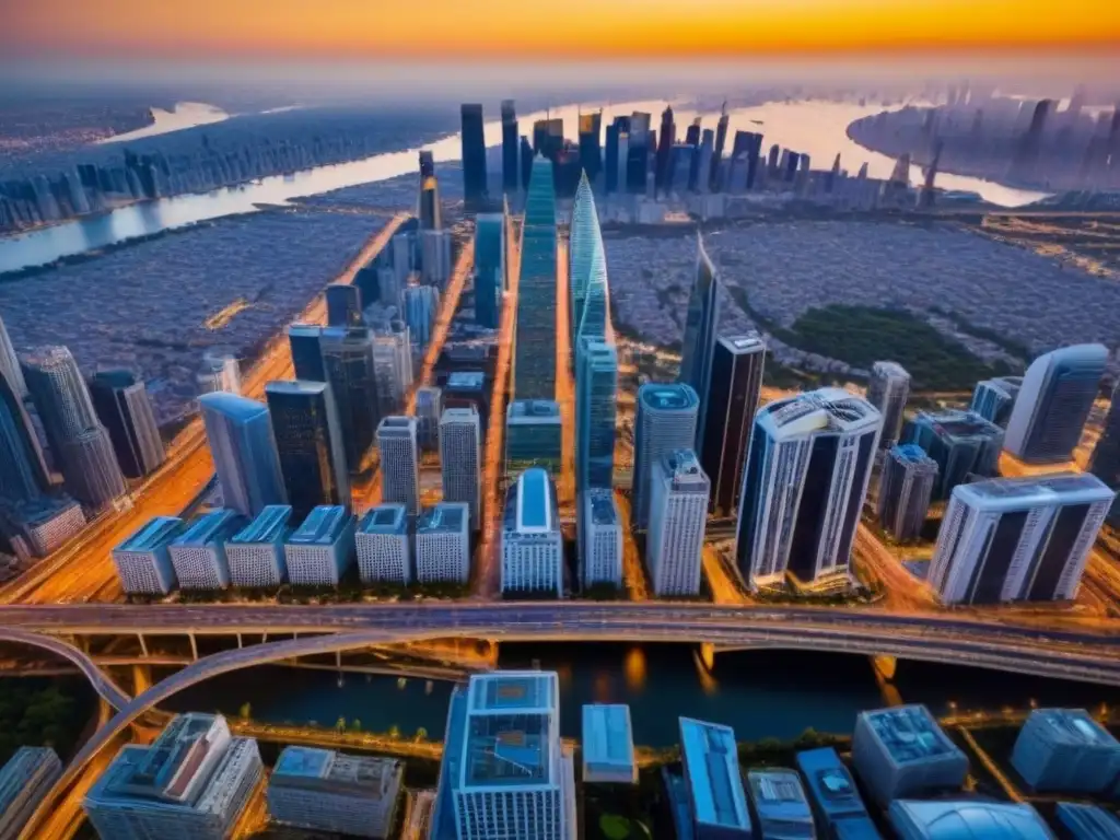Vista aérea detallada de ciudad moderna al atardecer Vista aérea detallada de ciudad con rascacielos, red de calles y puentes