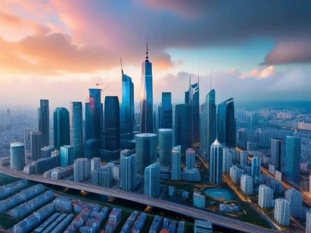 Skyline financiero: arquitectura futurista y fluctuaciones monetarias Vista aérea detallada de una ciudad moderna con rascacielos, gráficos de fluctuaciones cambiarias en inversiones inmobiliarias