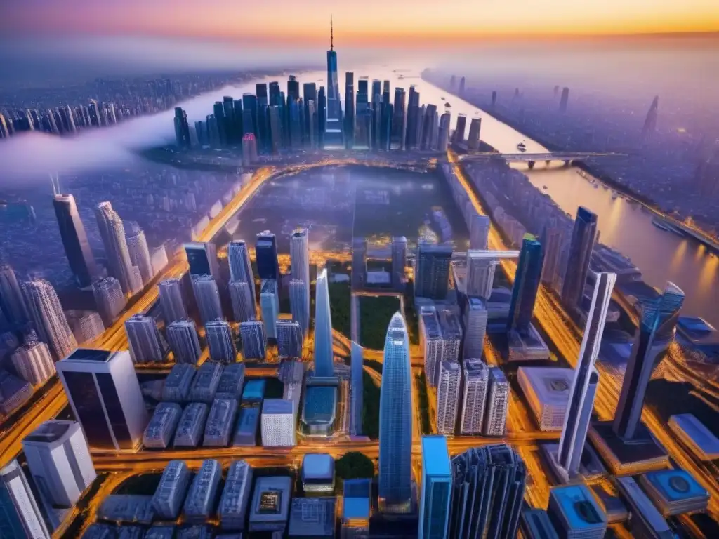 Metrópolis futurista: vibrante ciudad de rascacielos al atardecer Vista aérea detallada de una ciudad bulliciosa con rascacielos, reflejando un hub inmobiliario global futurista