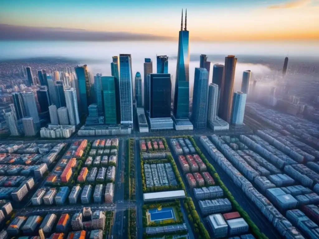Vibrante metrópolis: auge inmobiliario en ciudad emergente Vista aérea detallada de una ciudad vibrante en un mercado inmobiliario emergente, reflejando crecimiento y promesa