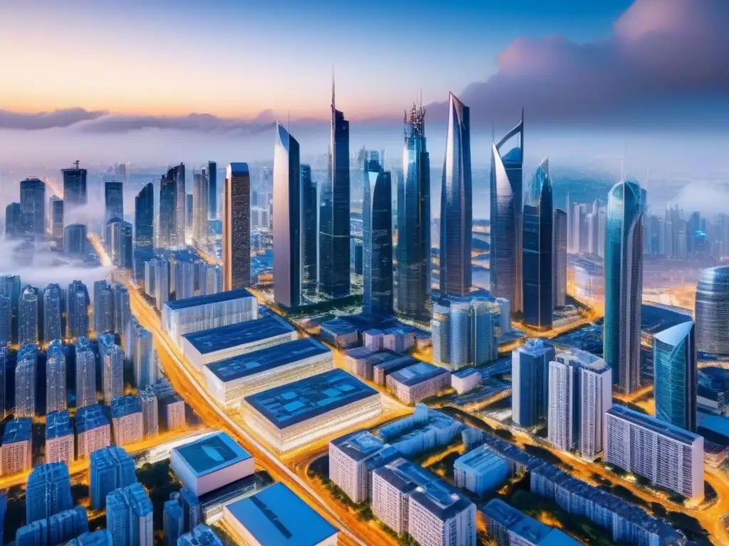 Metrópolis vibrante: Análisis Big Data en el mercado inmobiliario Vista aérea detallada de una ciudad con edificios variados y datos de análisis Big Data en el mercado inmobiliario