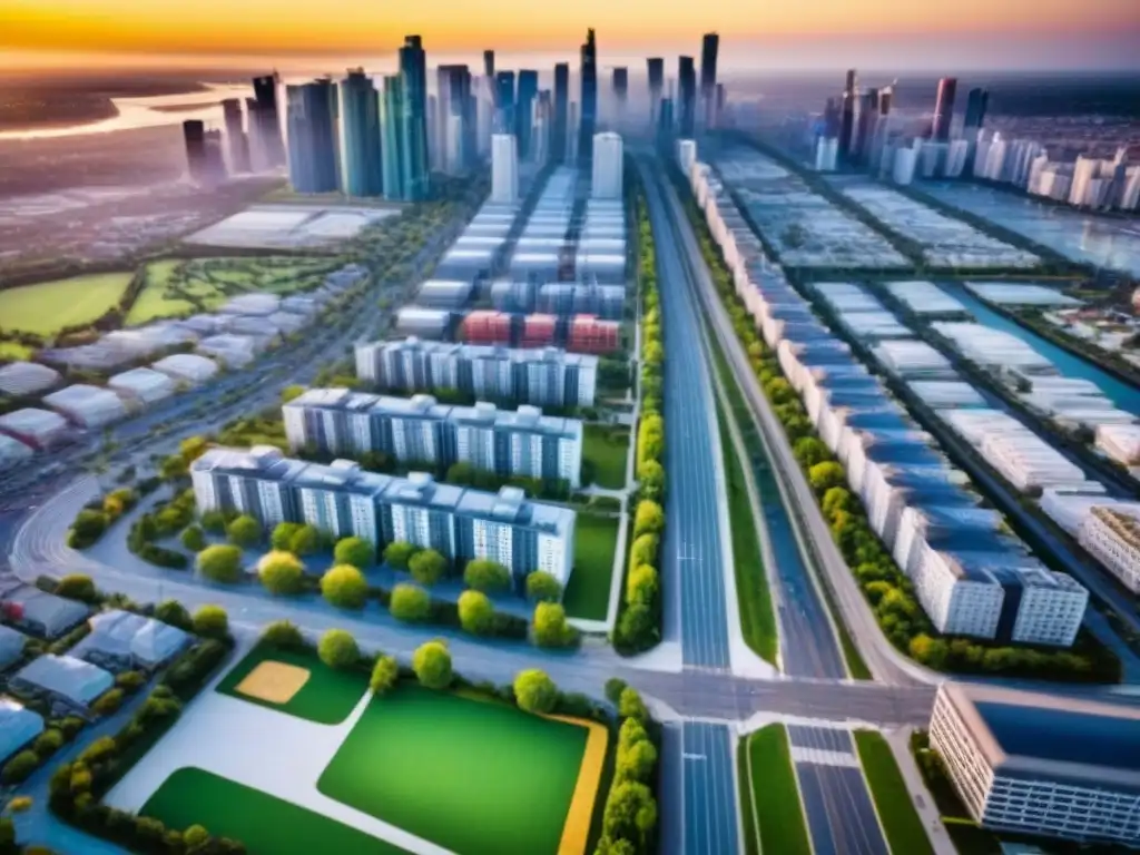 Cityscape moderno con diseño agefriendly y construcción sustentable Vista aérea detallada de una ciudad moderna con elementos amigables para todas las edades y tendencias de construcción inmobiliaria envejecimiento