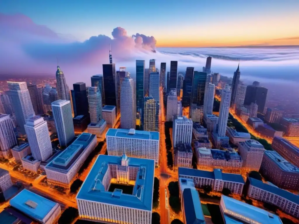 Metrópolis vibrante: fusión de tradición e innovación en la hora azul Vista aérea detallada de una ciudad bulliciosa al atardecer, con una fusión de rascacielos modernos y arquitectura histórica