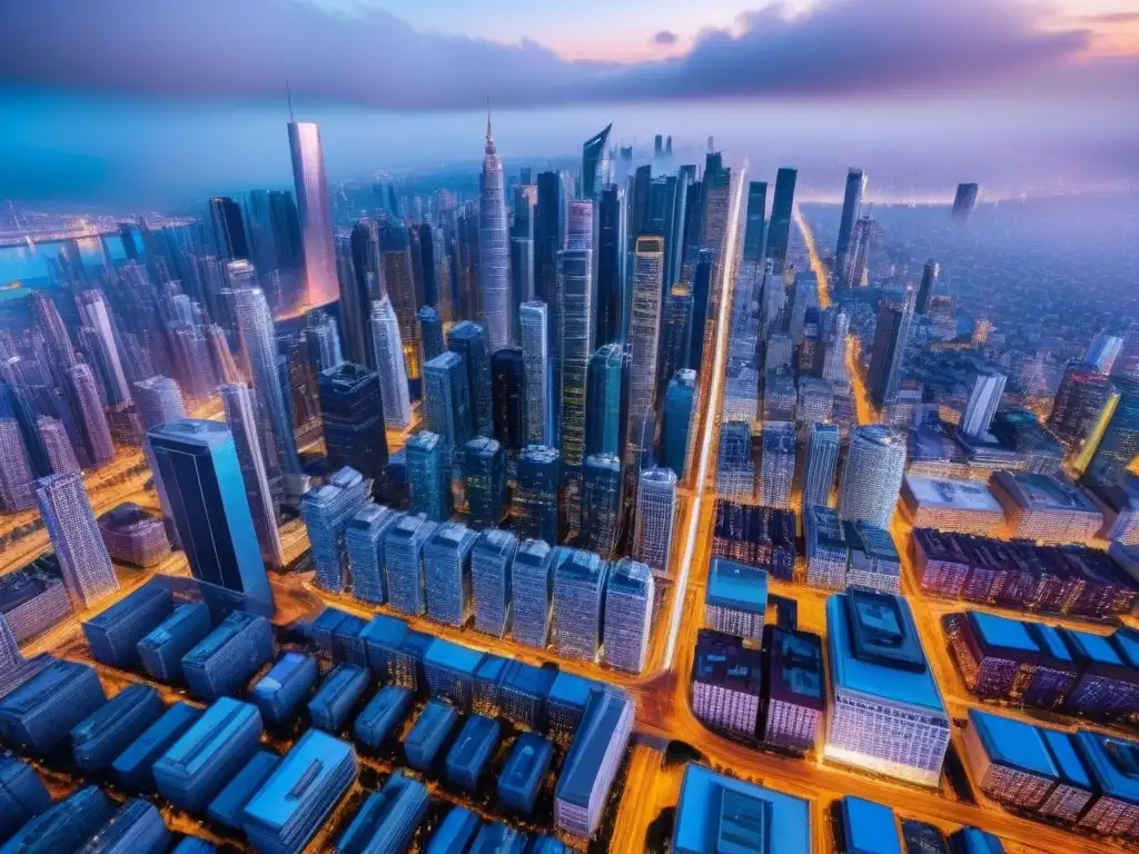 Metrópolis futurista: Integración de big data en urbanismo Vista aérea detallada de una ciudad futurista con rascacielos y datos interconectados, reflejando el uso de Big Data para identificar zonas de auge