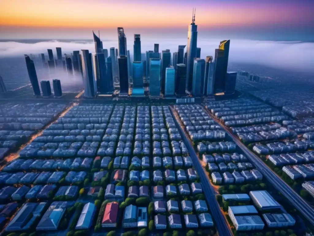 Vista aérea detallada de ciudad: Big Data en real estate Vista aérea detallada de una ciudad bulliciosa, destacando la red de edificios y calles, simbolizando el potencial de Big Data en identificar zonas de auge inmobiliario