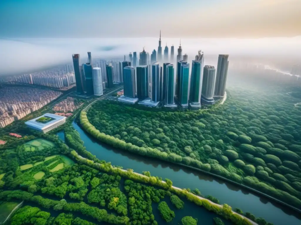 Metrópolis moderna: Big Data en inversión inmobiliaria Una vista aérea detallada de una ciudad bulliciosa con rascacielos modernos, parques verdes y agua reluciente