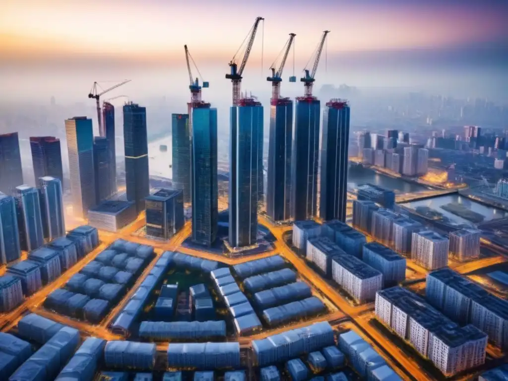 Vista aérea detallada: Desarrollo urbano y Big Data Vista aérea detallada de una ciudad en crecimiento, con grúas y rascacielos, mostrando cómo el Big Data identifica zonas de auge inmobiliario