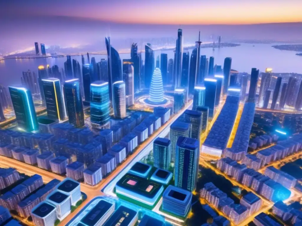 Smart city futurista: IoT ilumina edificios ecoeficientes Vista aérea detallada de una ciudad futurista inteligente de noche, con tecnología IoT integrada en edificios