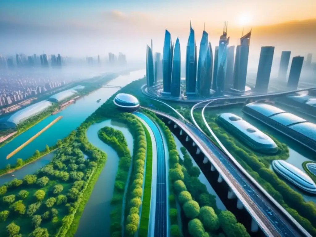 Metrópolis futurista: ciudad de cristal y naturaleza en armonía Vista aérea detallada de una ciudad futurista con rascacielos, parques verdes y diseño arquitectónico innovador