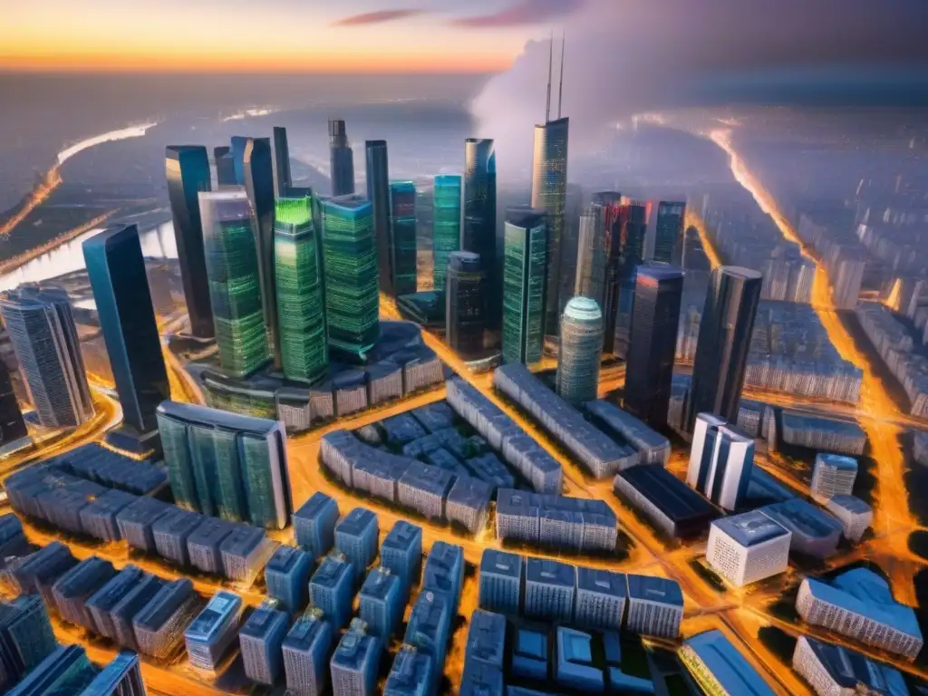 Metrópolis vibrante: ciudad impulsada por datos y real estate Una vista aérea detallada de una ciudad vibrante impulsada por el valor de inversión inmobiliaria Big Data
