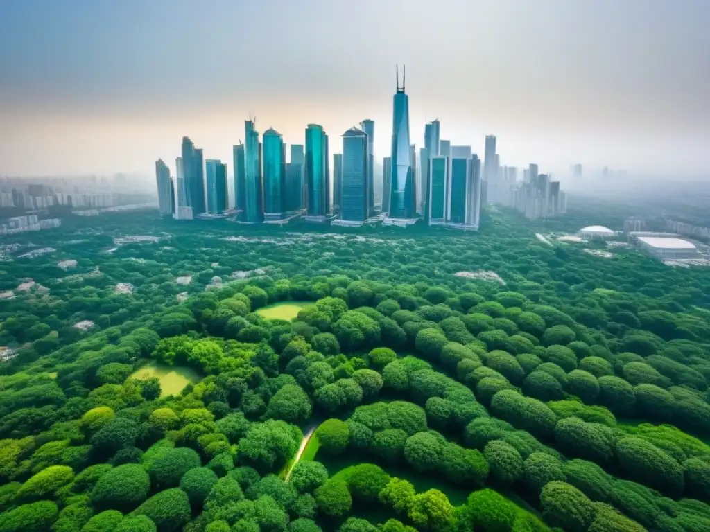 Contraste urbano y natural: influenciadores inmobiliarios en acción Vista aérea detallada de una ciudad moderna con rascacielos, parques verdes y calles arboladas