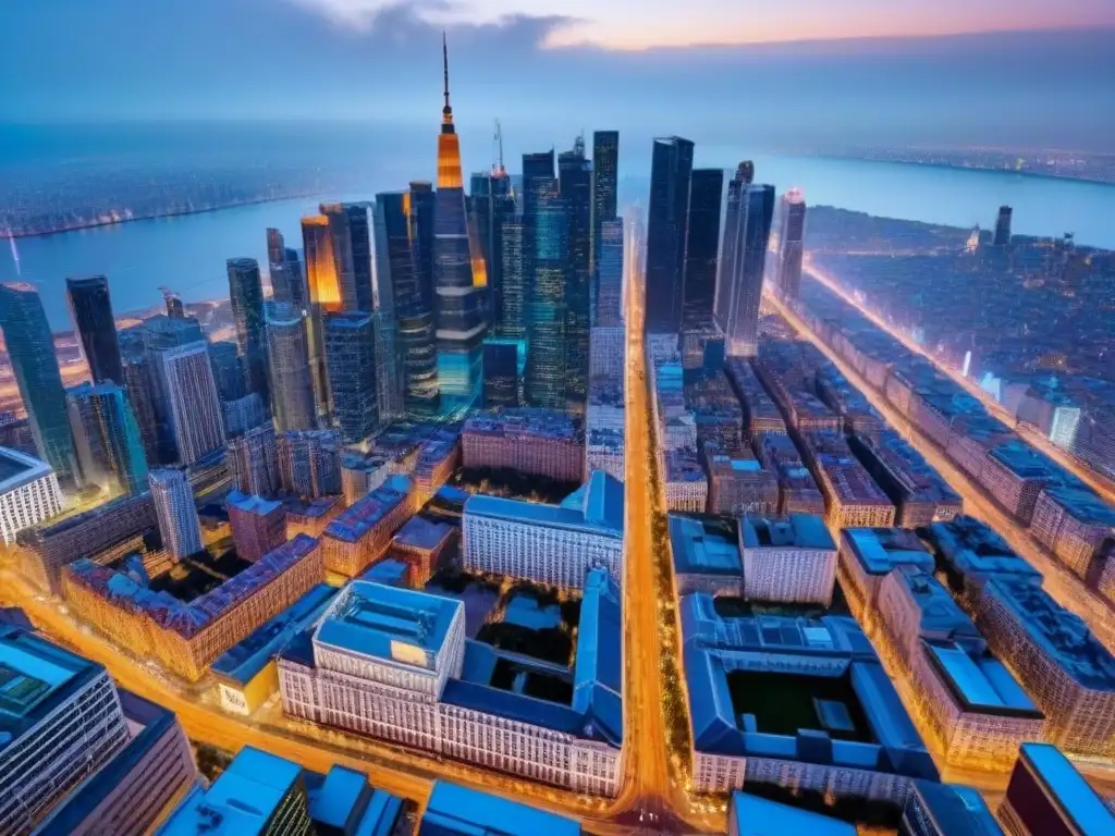 Cityscape fusion: luces y arquitectura en atardecer urbano Vista aérea detallada de la ciudad al anochecer, fusionando rascacielos modernos con arquitectura histórica